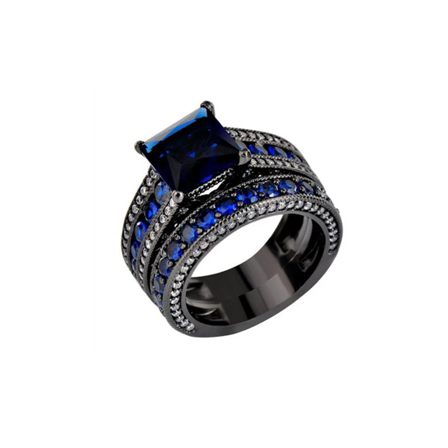 Beautiful Black Rings Set - Gold Plated Cubic Sapphire Simulated Stone - Image 2