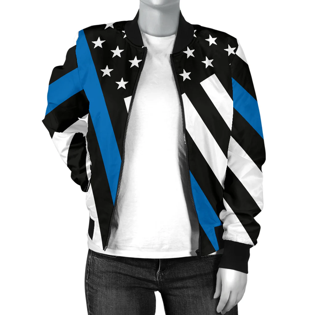 Women's Diagonal Thin Blue Line American Flag Bomber Jacket - Image 3