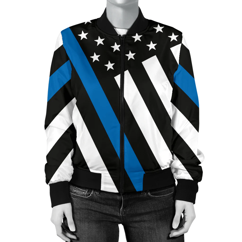 Women's Diagonal Thin Blue Line American Flag Bomber Jacket - Image 4