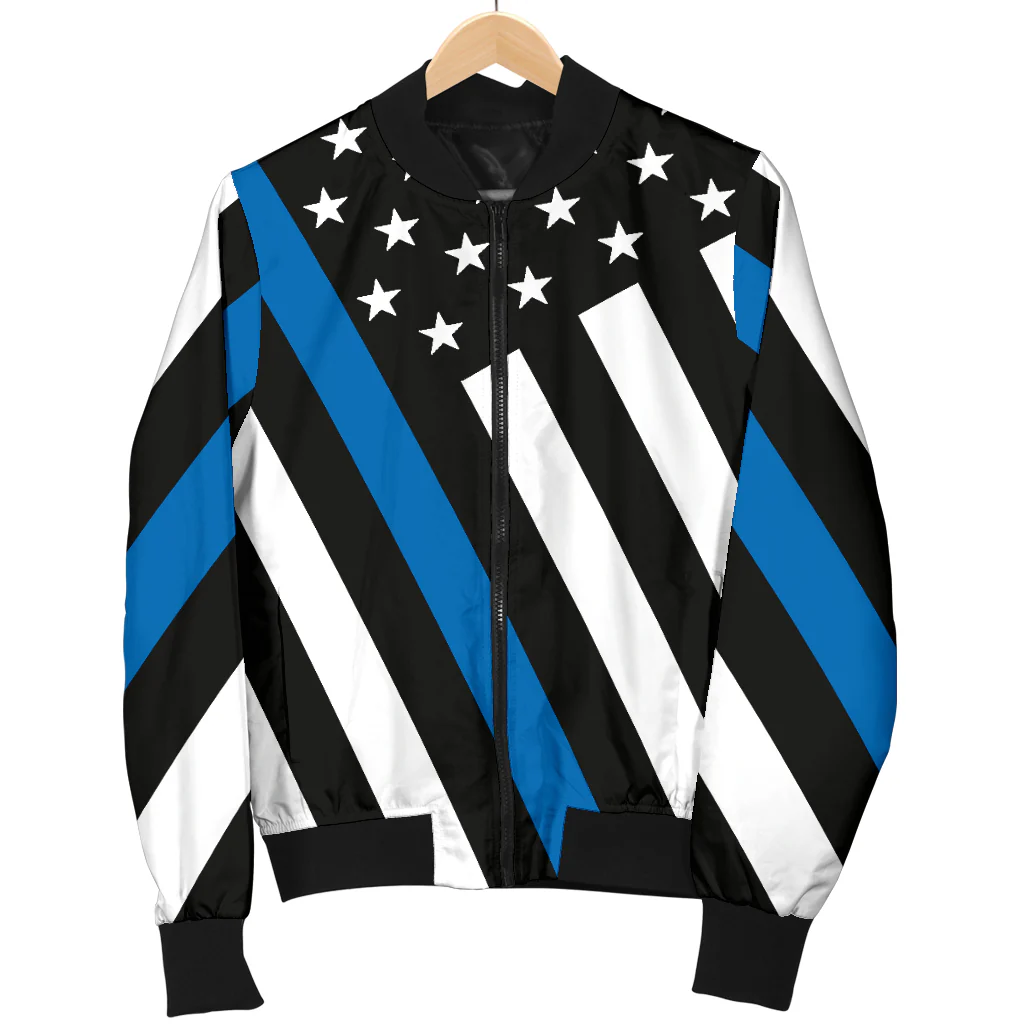 Women's Diagonal Thin Blue Line American Flag Bomber Jacket - Image 5