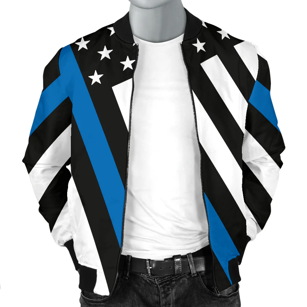 Men's Diagonal Thin Blue Line American Flag Bomber Jacket - Image 3