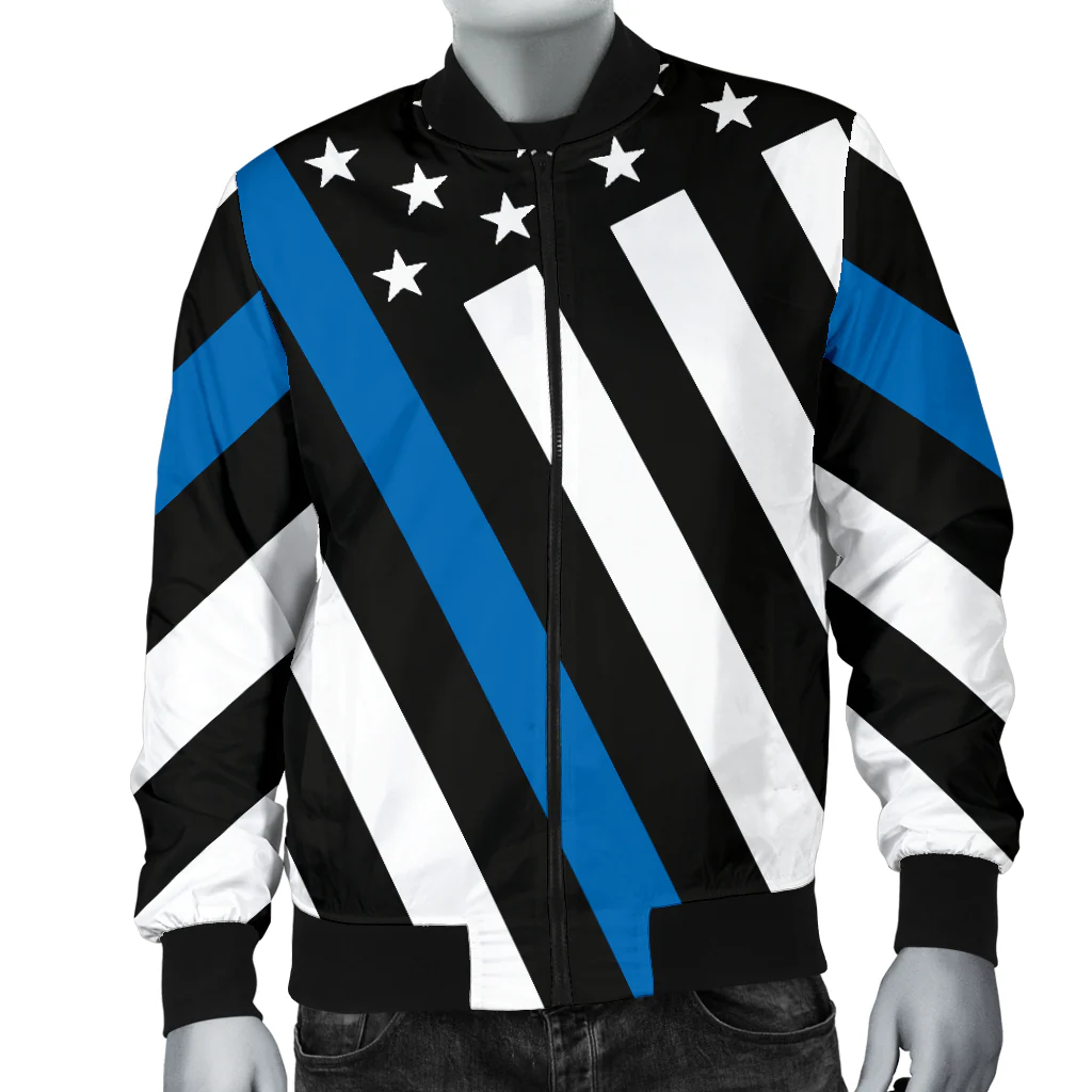 Men's Diagonal Thin Blue Line American Flag Bomber Jacket - Image 4