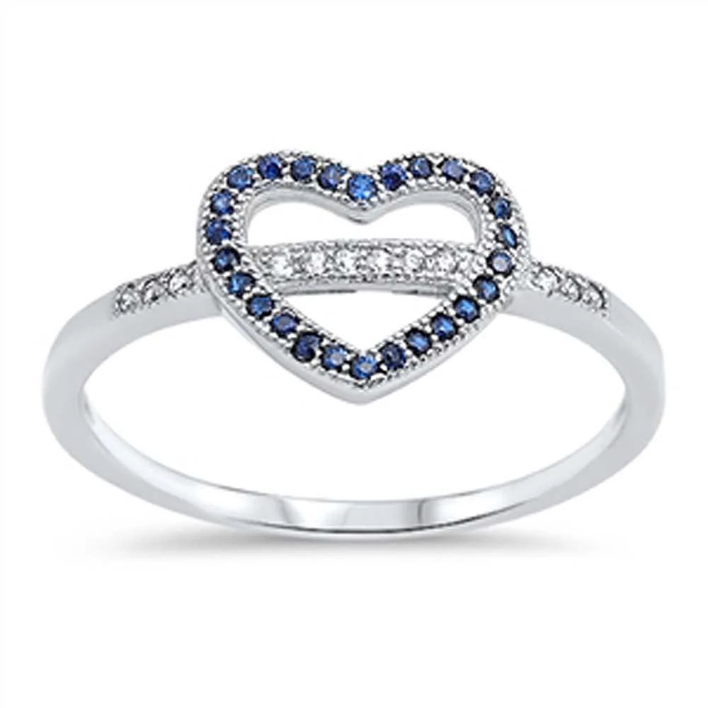 Gorgeous Sterling Silver Open Heart Ring with Clear Cz and Blue Sapphire Crystals