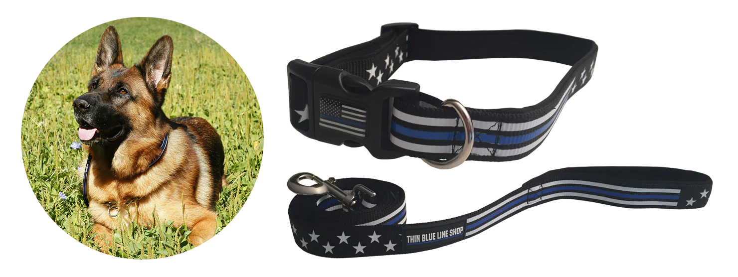 Matching Stars and Stripes Thin Blue Line Dog Collar and Leash