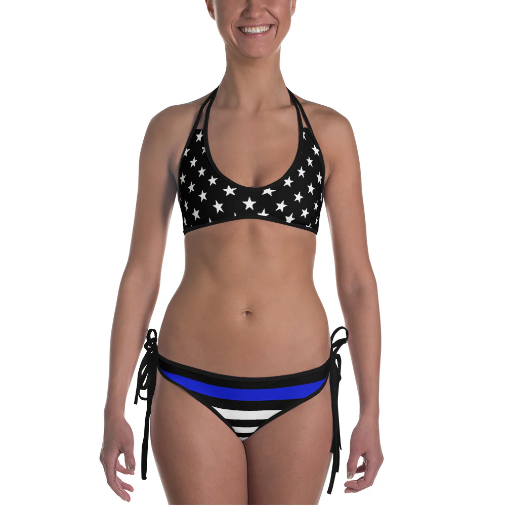 Stars and Stripes Thin Blue Line American Flag Reversible Bikini Swimwear - Image 14
