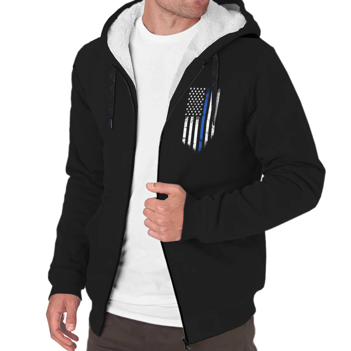Thin Blue Line American Flag Sherpa Zip-Up Hoodie - Image 3