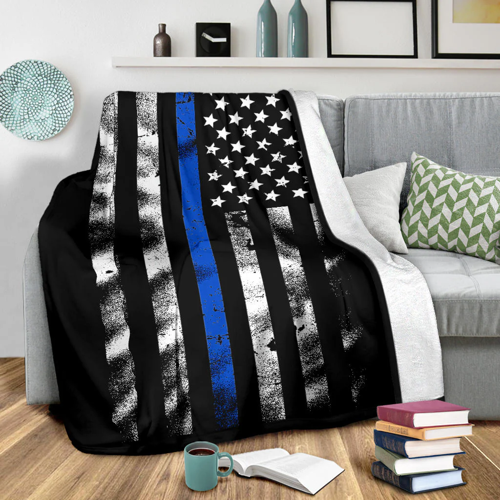 Thin Blue Line Distressed American Flag Blanket - Image 3