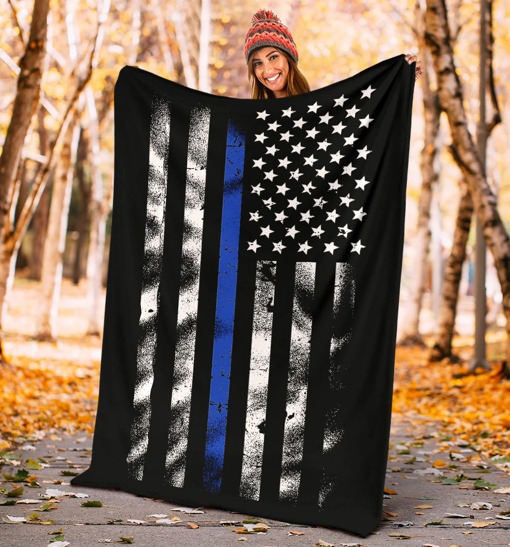 Thin Blue Line Distressed American Flag Blanket - Image 4
