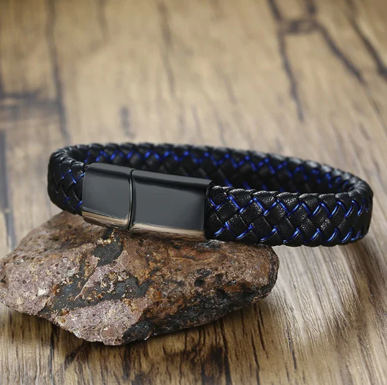 Thin Blue Line Faux Leather Men's Bracelet - Image 2