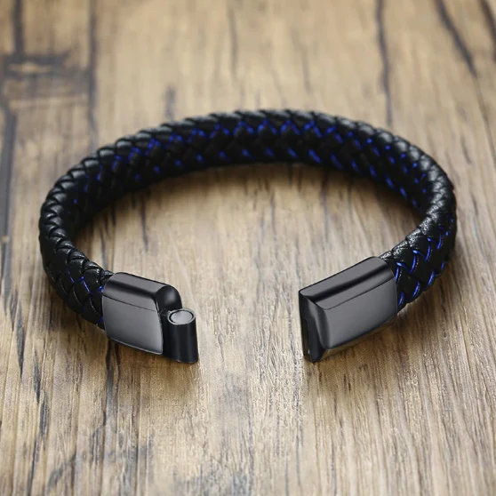 Thin Blue Line Faux Leather Men's Bracelet - Image 3