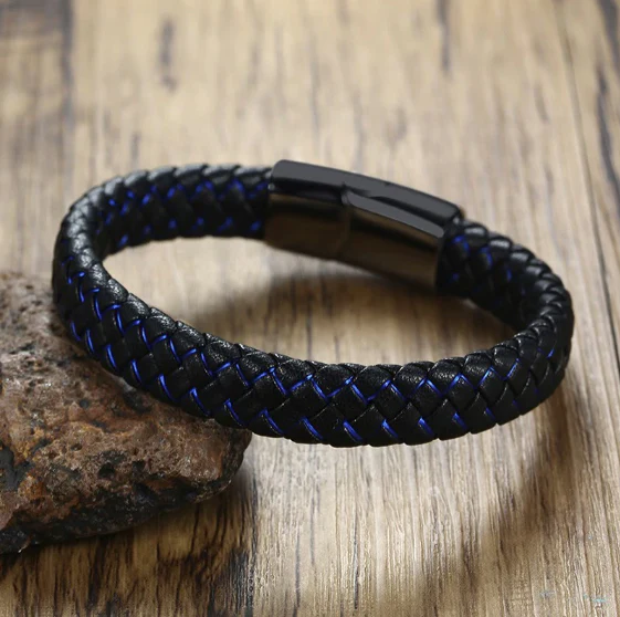 Thin Blue Line Faux Leather Men's Bracelet - Image 4