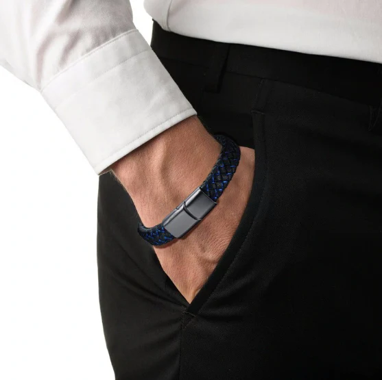Thin Blue Line Faux Leather Men's Bracelet - Image 5