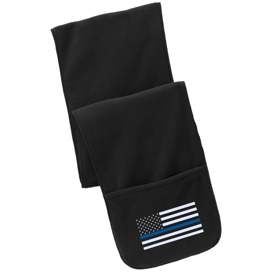 Thin Blue Line Flag Embroidered Fleece Scarf with Pockets