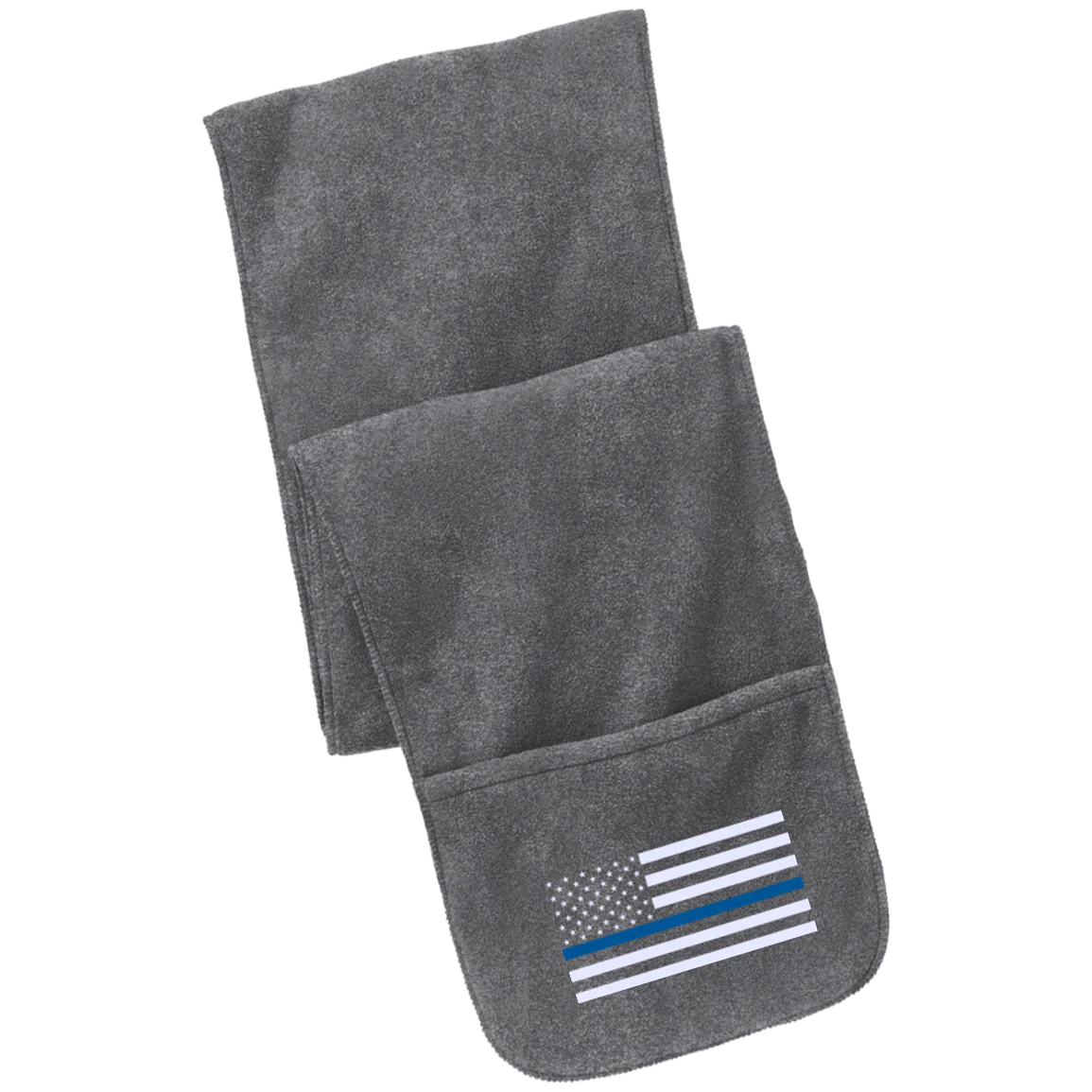 Thin Blue Line Flag Embroidered Fleece Scarf with Pockets - Image 2