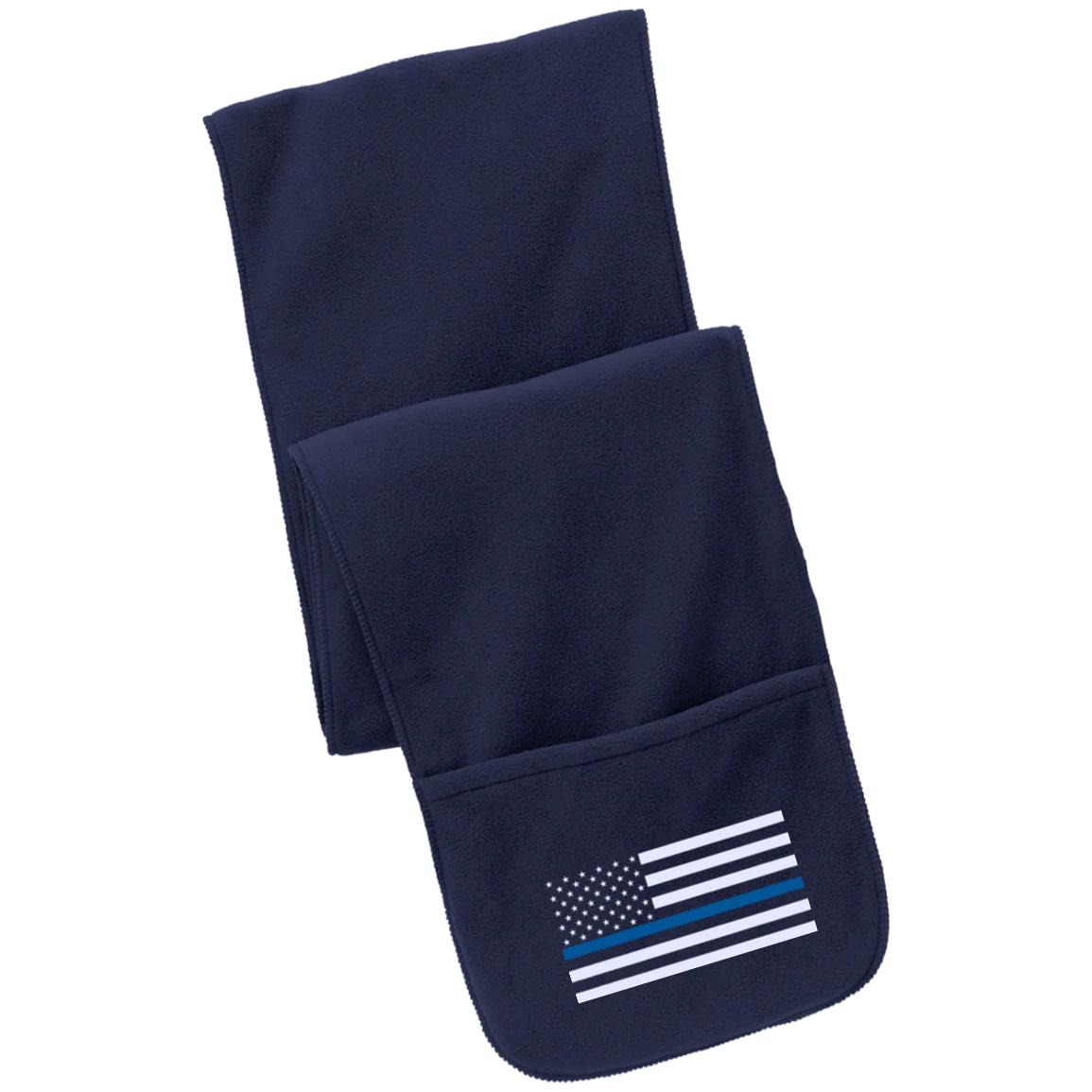 Thin Blue Line Flag Embroidered Fleece Scarf with Pockets - Image 3