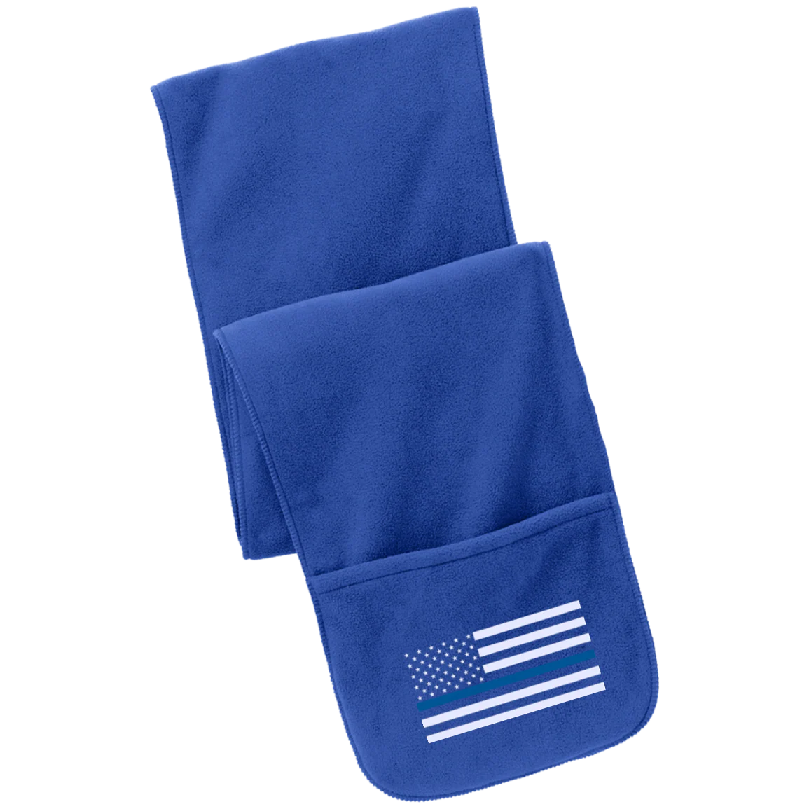Thin Blue Line Flag Embroidered Fleece Scarf with Pockets - Image 4
